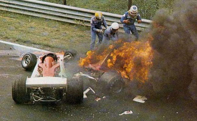 Lauda's burning Ferrari at the 1976 German GP