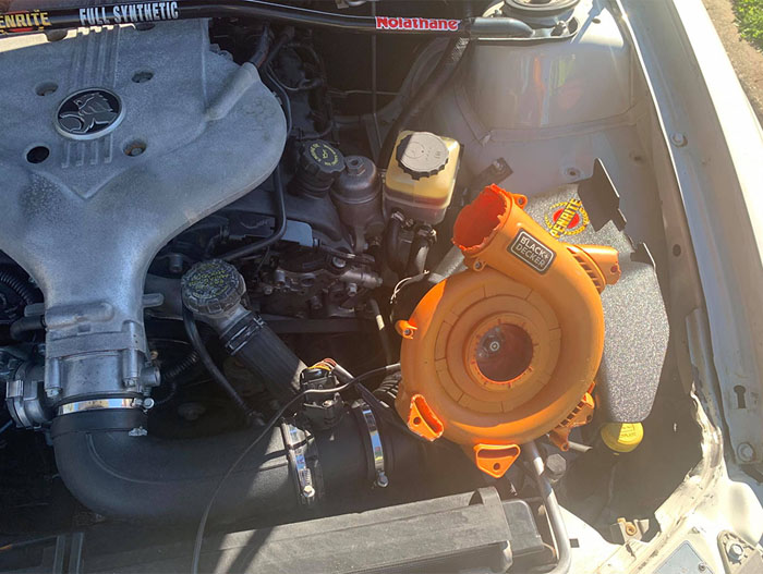 Holden Commodore with leaf blower supercharger