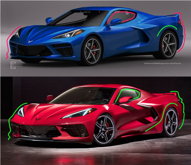 Chazcron 3D render (top) vs real 2020 Corvette Stingray (bottom) comparison