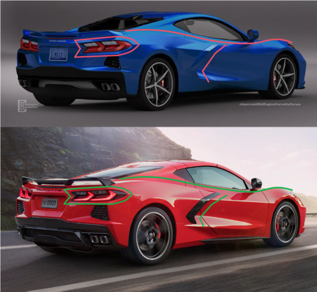 Chazcron 3D render (top) vs real 2020 Corvette Stingray (bottom) comparison