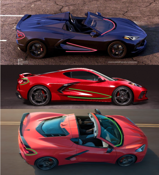 Chazcron 3D render (top) vs real 2020 Corvette Stingray (mid, bottom) comparison