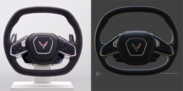 Real 2020 Corvette steering wheel (left) vs Chazcron's 3D render (right) comparison